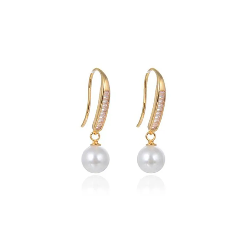 

Gold Color 1 Row Zircon White Round Pearl Earrings Women 925 Sterling Silver Drop Earrings Wedding Fine Jewelry