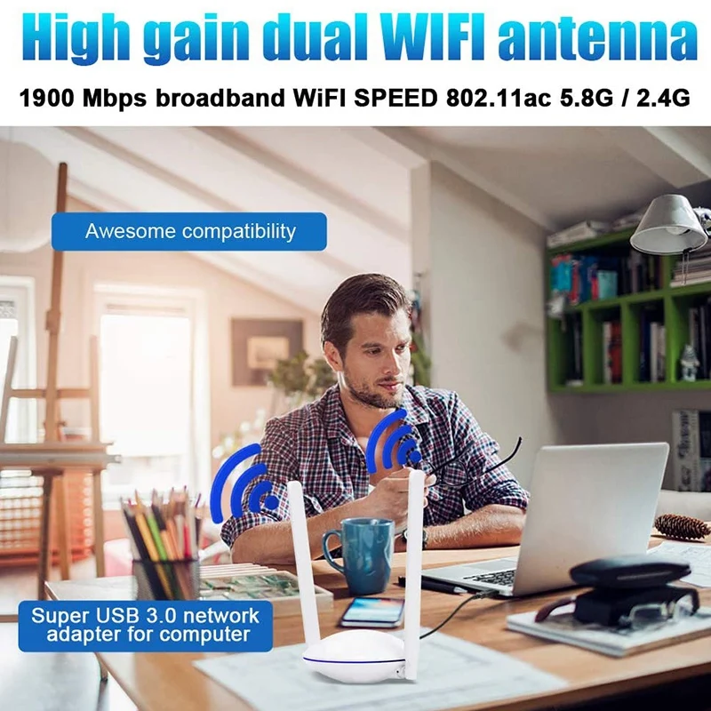 

USB WiFi Adapter 1900Mbps 5.8GHz/2.4GHz Dual Band Wireless Network Adapter for PC Laptop, Windows, Mac OS and Linux