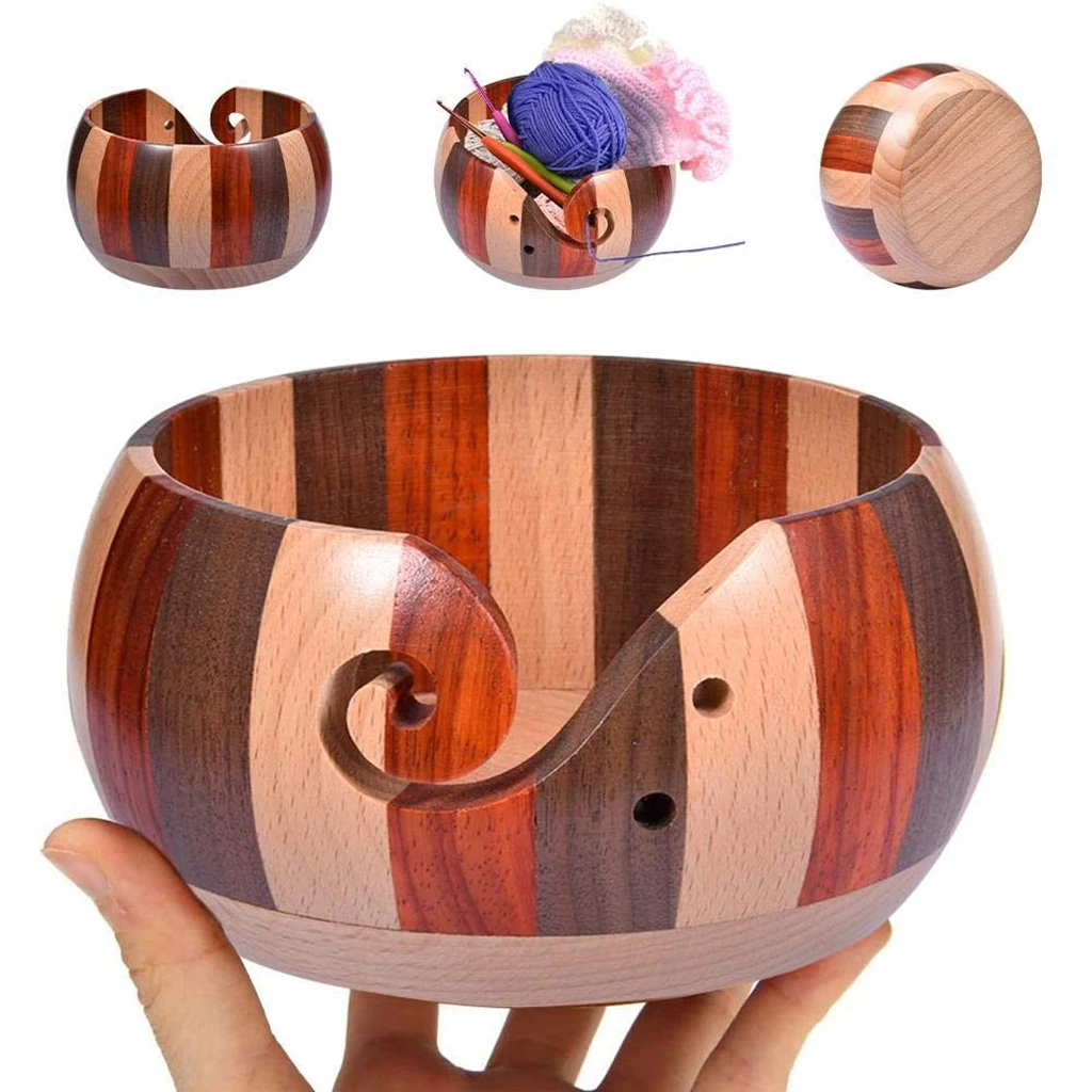 

Large Wooden Yarn Storage Bowl with 2 Holes Knitting Crochet Accessories,