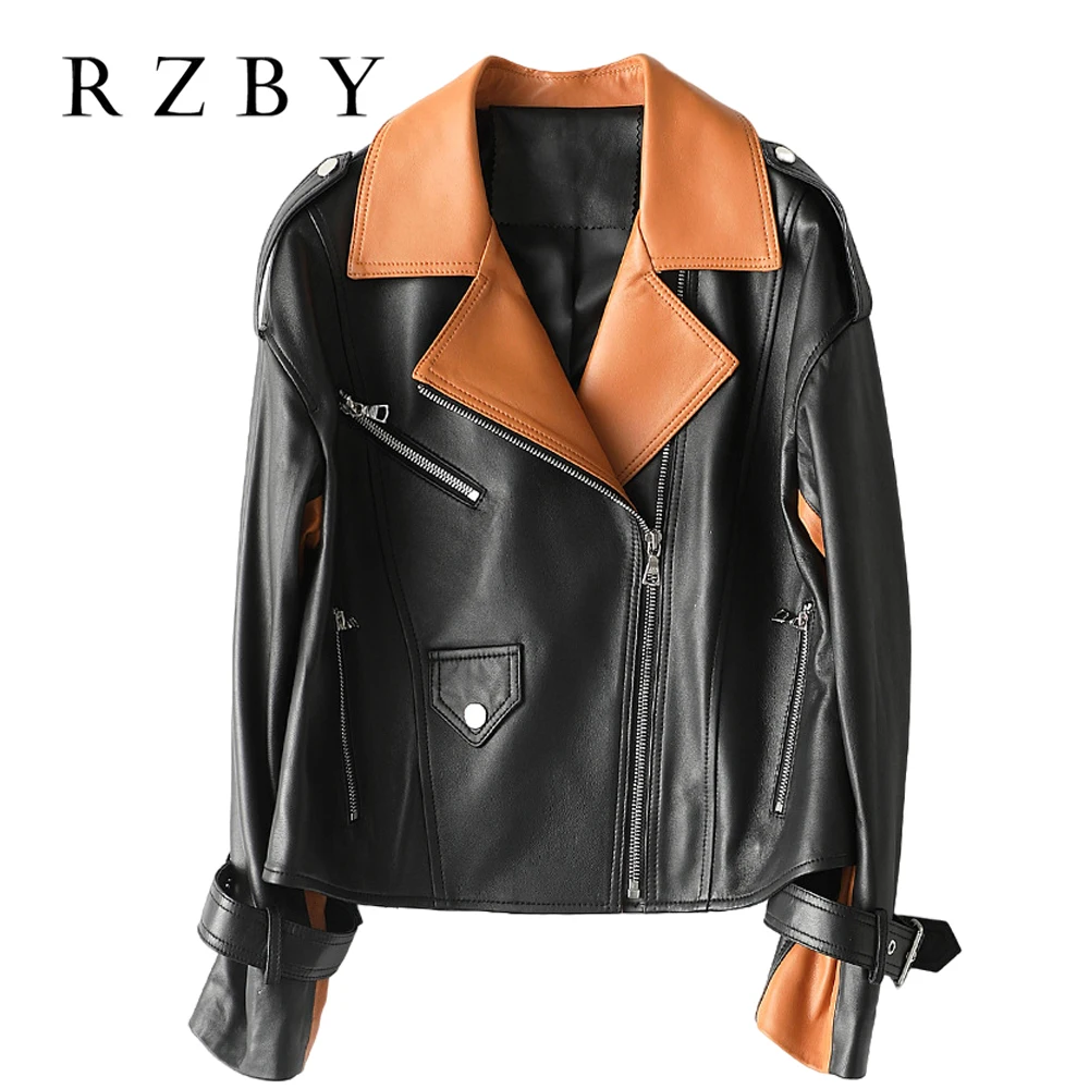 

100% Real Sheepskin Jaqueta De Couro Feminina Collision Color Fashion Genuine Leather Women Jacket Natural Leather CoatRZBY523