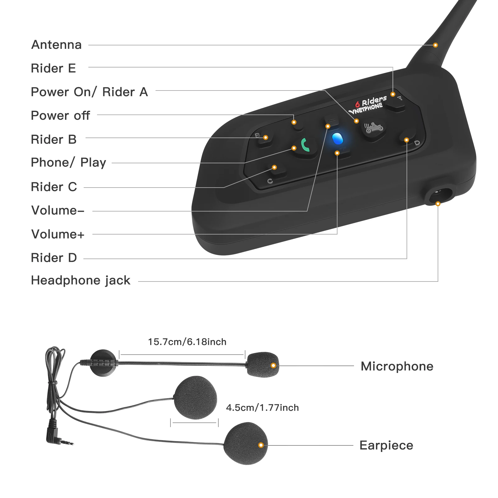 Bluetooth гарнитура VNETPHONE V6 для мотоциклетного шлема 1 2 км 850 мАч IP65 6 водителей MP3