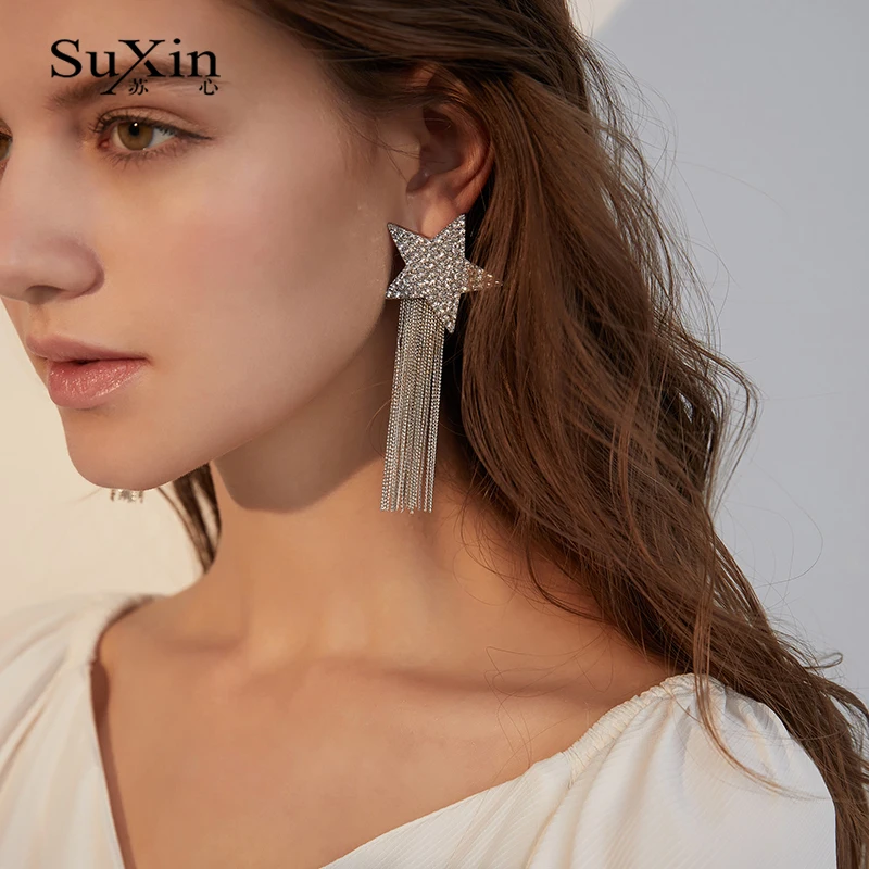 Серьги SuXin 2020 новые модные пятиконечные звездочные серьги для женщин длинные