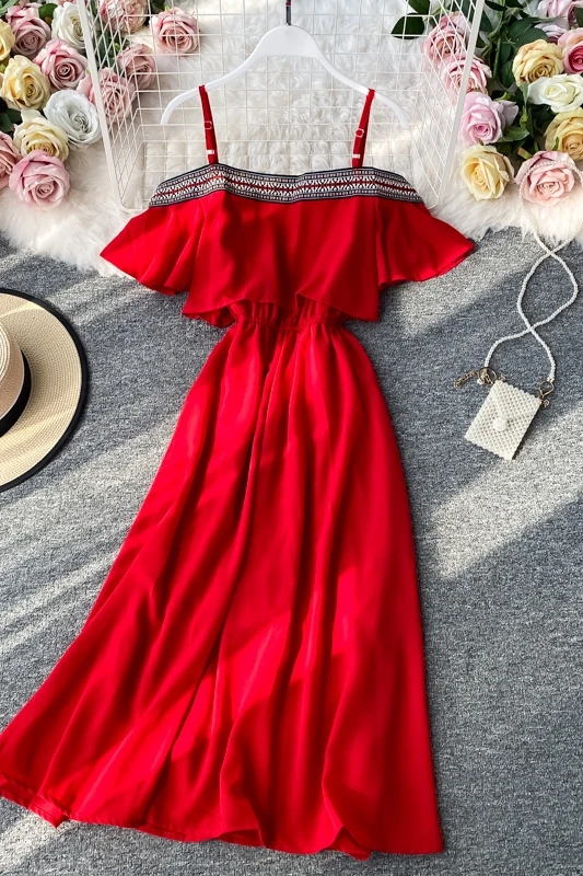 

2021 New Summer Sexy Slash Neck Short Spaghetti Strap Dress A-line High Waist Chiffon Floral Print Mid-calf Lady Dress