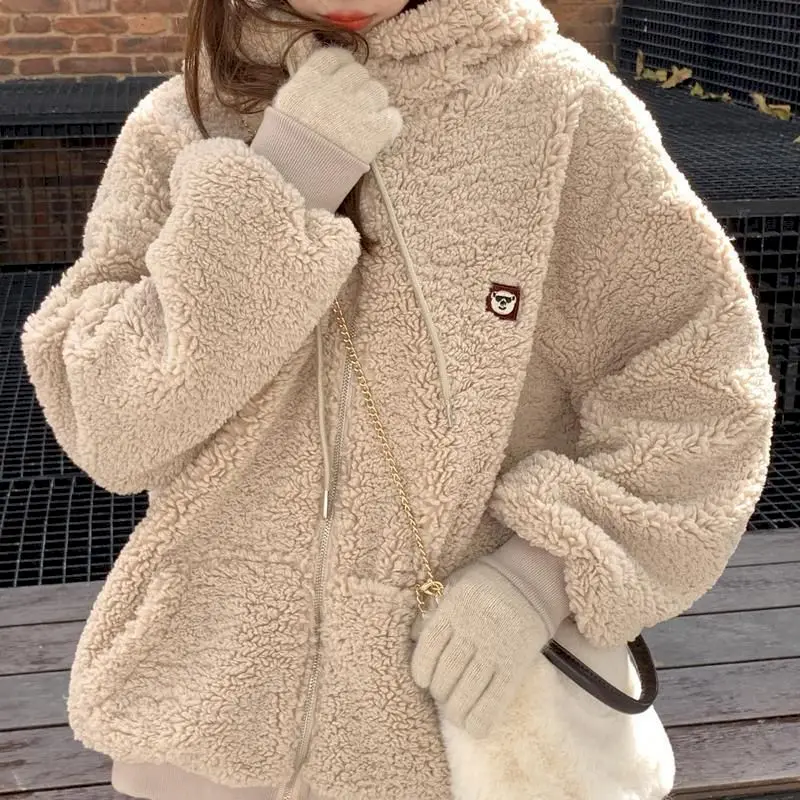 

Lamb Velvet Jackets Women Zipper Hooded Quilted Coats Trendy Autumn Winter 2021 New Korean Loose Warmth Thick Parkas Female Tops