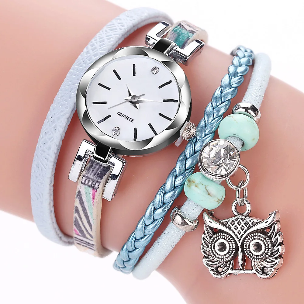 blue Новые модные женские часы для девочек, аналоговые кварцевые часы с подвеской в виде совы, женские часы с браслетом - Цвет: blue