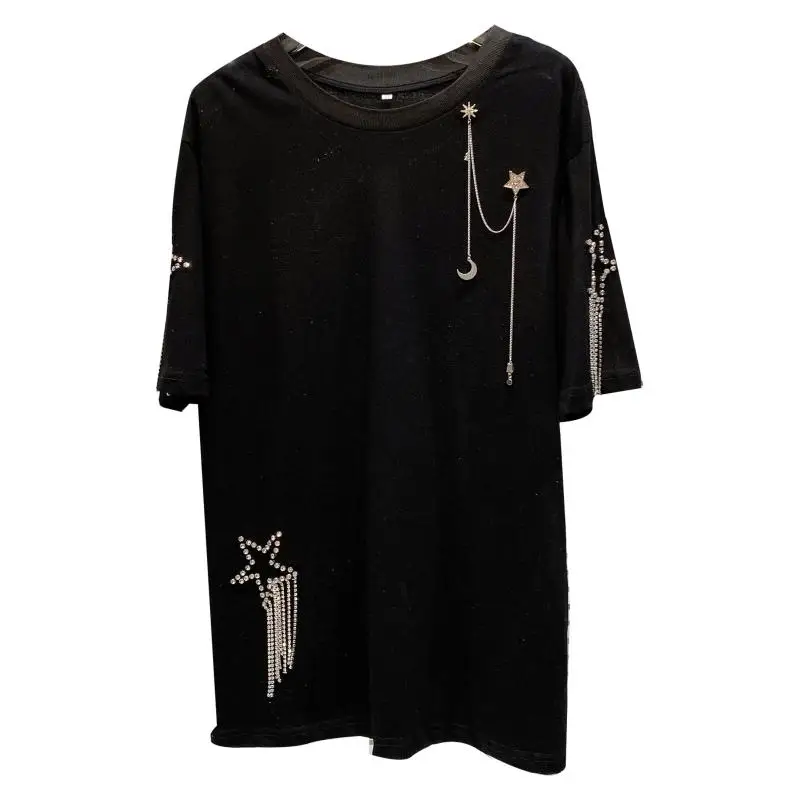 

Woman's Tshirt 2021 Summer New Shiny Rhinestone Tassel Round Neck Loose Short Sleeves T-shirts Female Casual Tops White Black