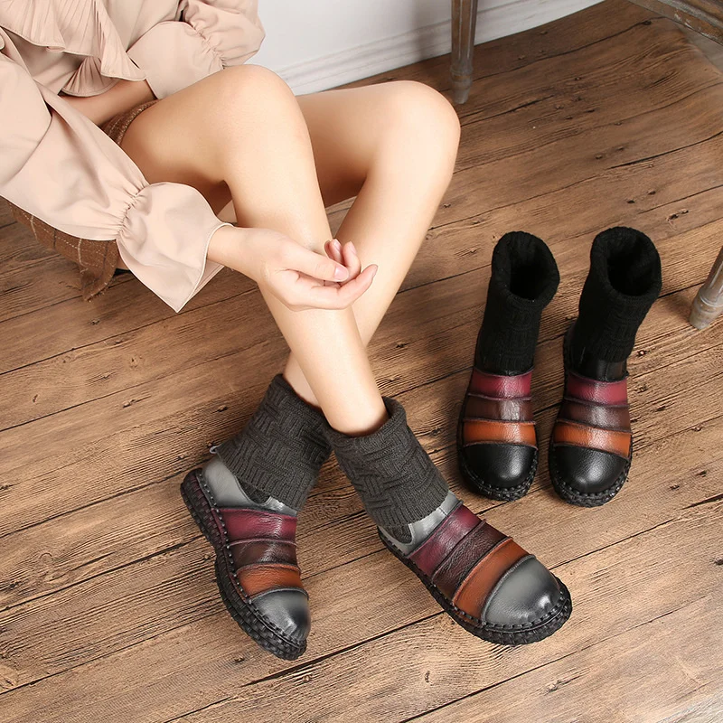 

Autumn and winter new leather national style color matching women's boots knitted long tube warm snow boots