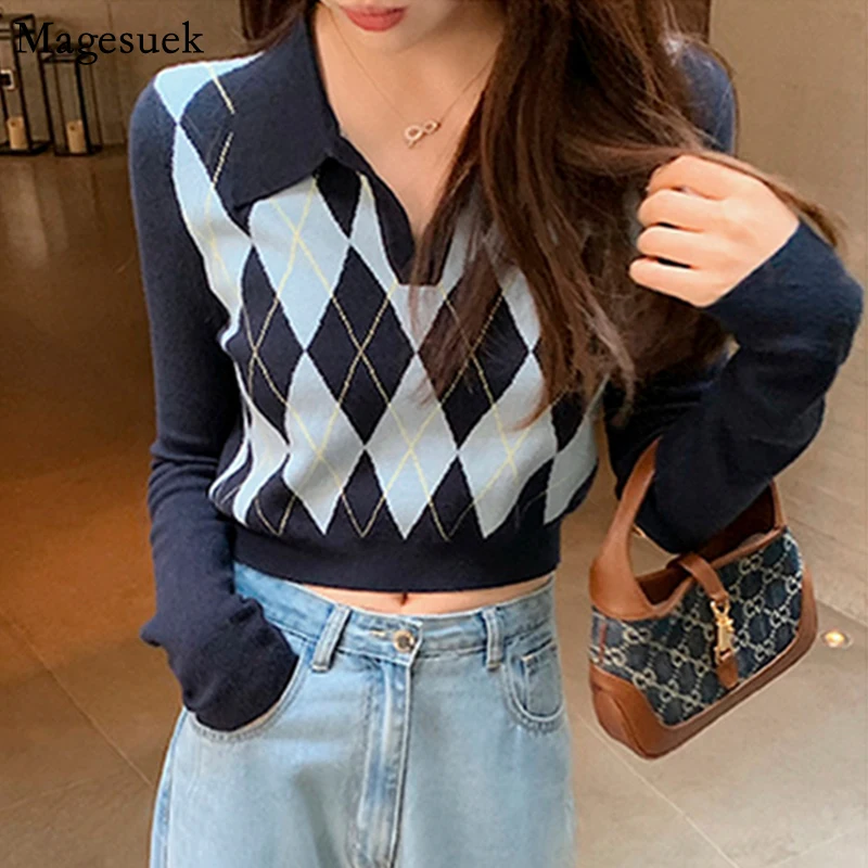 

Casual Autumn 2021 Long Sleeve Argyle Sweater Vintage Knitwear Women Sweater Pullover Woman Plaid Jumper Knitted Sweaters 16288