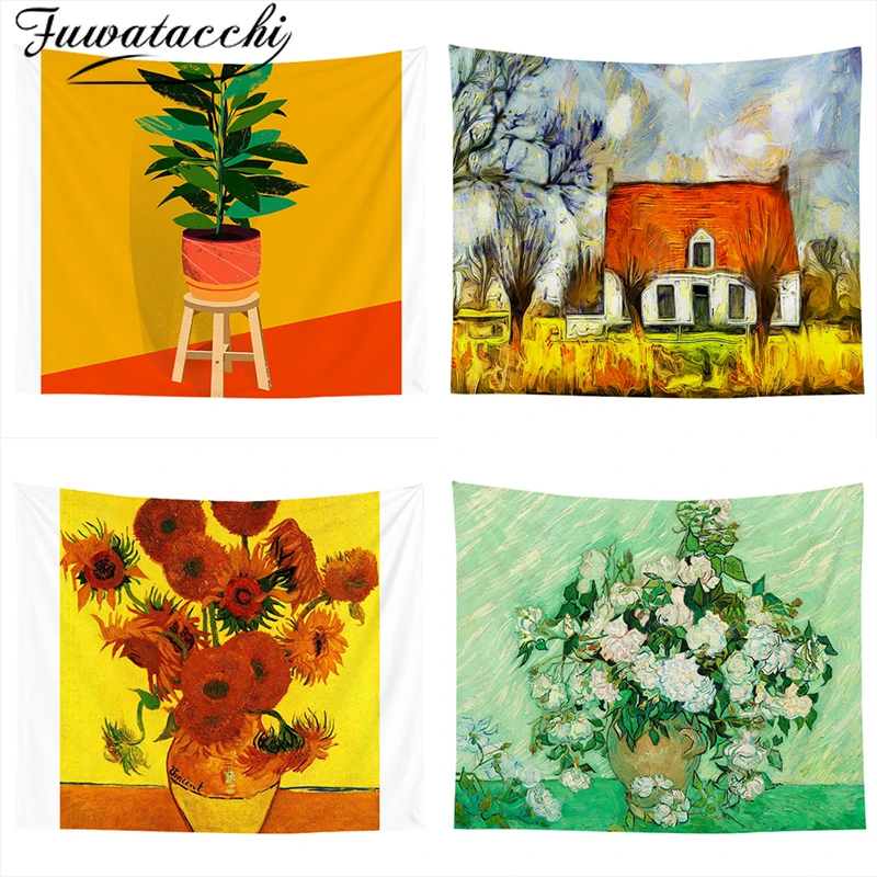 

Fuwatacchi Geometry Van Gogh Print Tapestries Wall Hanging Sunflower Tapestry Decorative Blanket Fabric Bedroom Home Decor