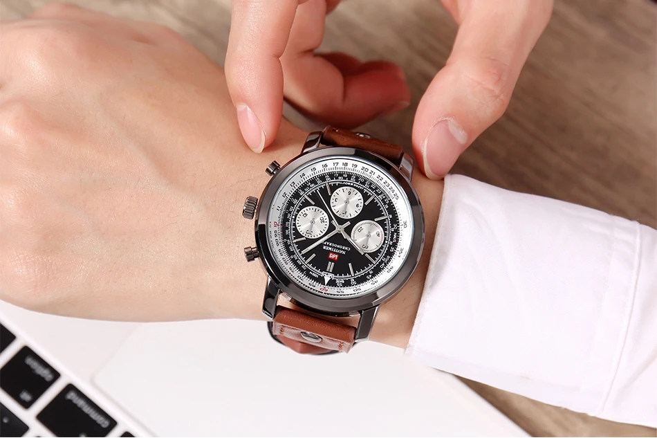 Airplane Sports Military Blue Dial Pilot Calendar Men Wristwatch Chronograph Fashion Casual Brand Army Brown Leather Watches