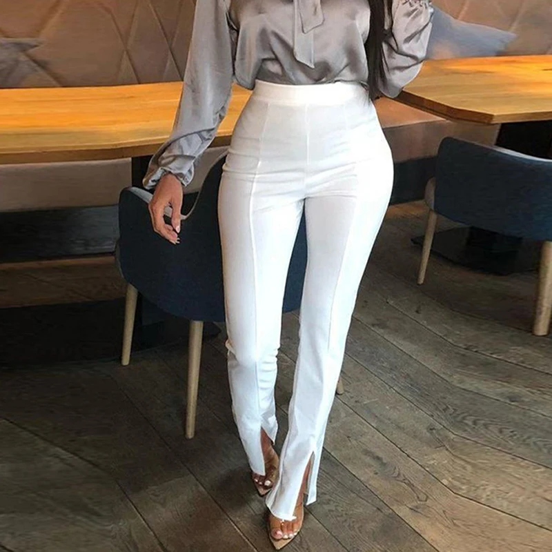 

Women Sexy Front Slit Pencil Pants Solid Color High Waist Pants Elegant Office Ladies Tight Trousers Workwear Black White Red