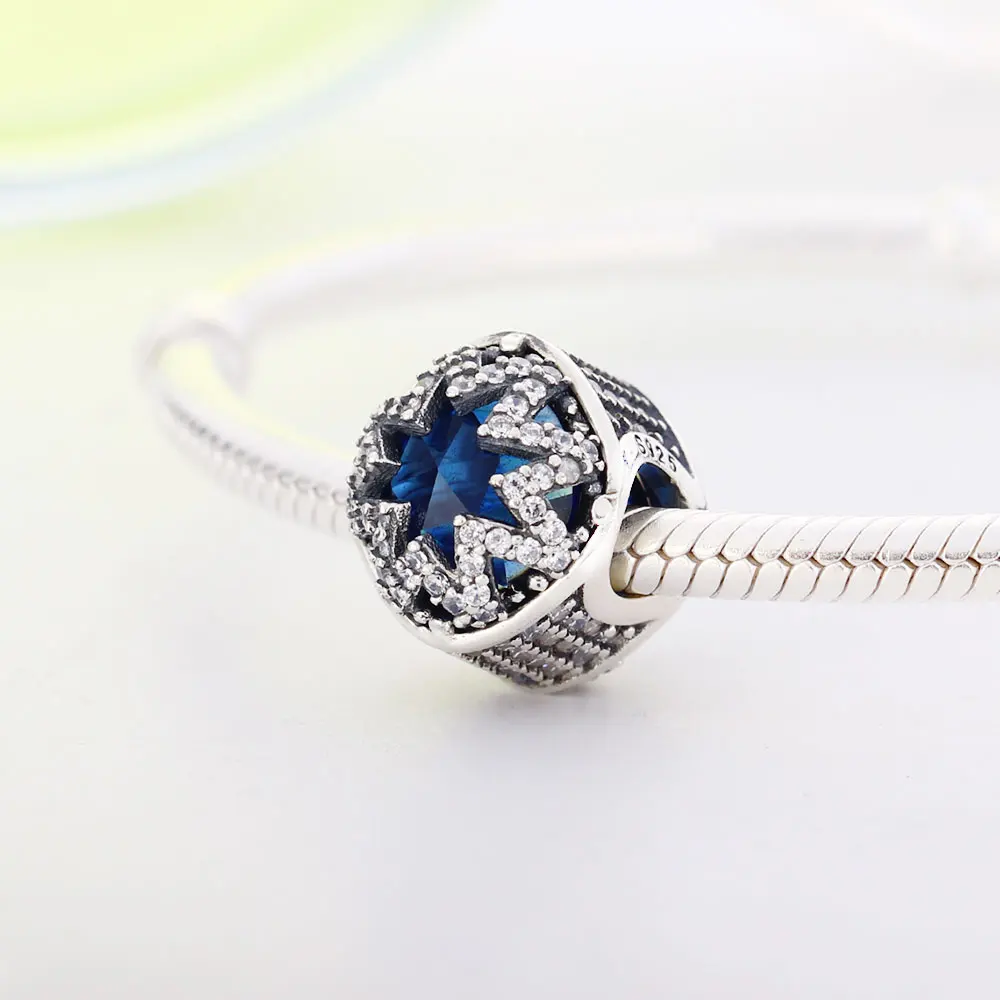 

Glacial Beauty Charm Fits Original pandora Charms Bracelet 925 Sterling Silver Swiss Blue Crystals And Clear CZ Beads Jewelry