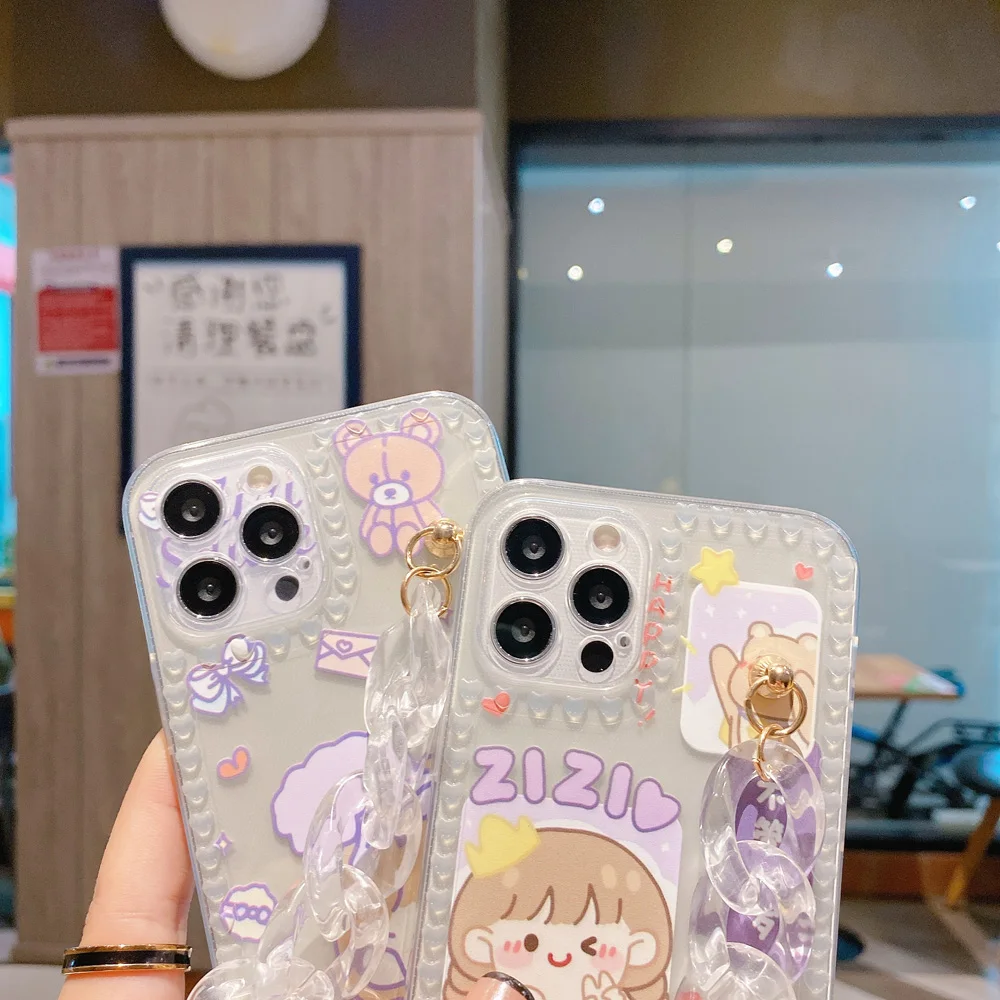 

Cartoon Girl Wrist Bracket Transparent Phone Case for iPhone 11 12 Mini Pro Max XS X XR 7 8 Plus SE 2020 Soft TPU Clear Cover