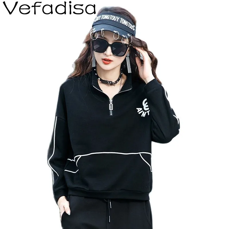 

Vefadisa 2021 Autumn New Women Clothing Printed Long Sleeve Sweatshirt Loose Lapel Black Sweatshirt TT274