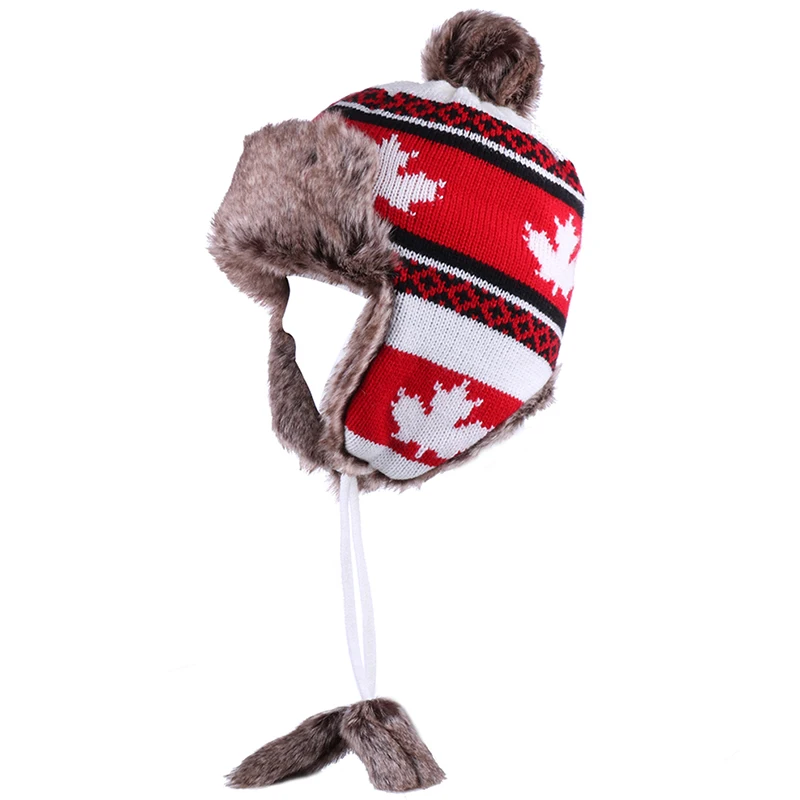 Женская шерстяная шапка ушанка вязаная авиатора с помпоном и Кленовым листом из