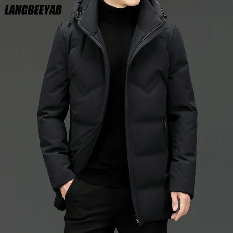 High End New Brand Casual Fashion Long 90% Mens Duck Down Jacket With Hood Black Windbreaker Puffer Coats Winter Mens Clothes