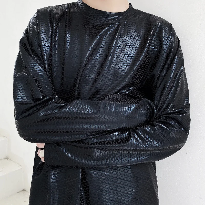 

Men Fish Scale Pattern Long Sleeve T-shirt Male Streetwear Hip Hop Vintage Fashion Loose Tee Shirt Stage Clothing