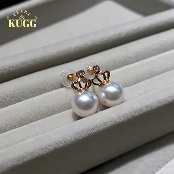 KUGG PEARL 18k Yellow Gold Earrings Natural Akoya White Pearl Earrings Handmade Jewelry Stud Earrings for Women
