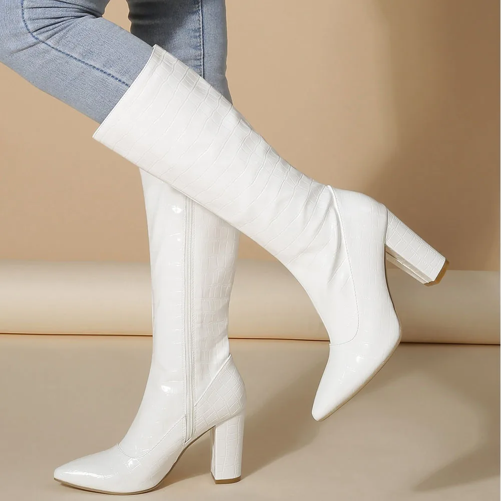 

Женские сапоги на молнии BONJOMARISA, модные однотонные сапоги до середины икры с острым носком, на высоком каблуке, женская обувь, лидер продаж