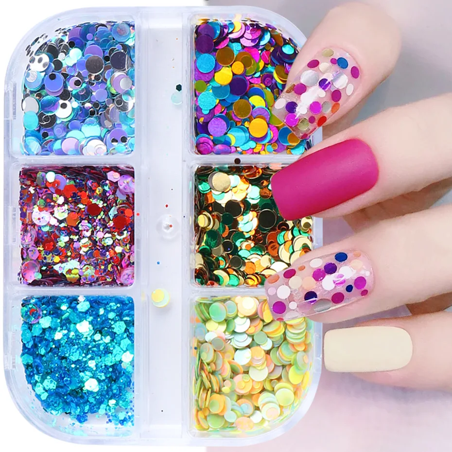 

The New 6-compartment Boxed Japanese-Korean Mixed Color Disc Laser Irregular Nail Patch Shines and Eye-catching Nail Sequins