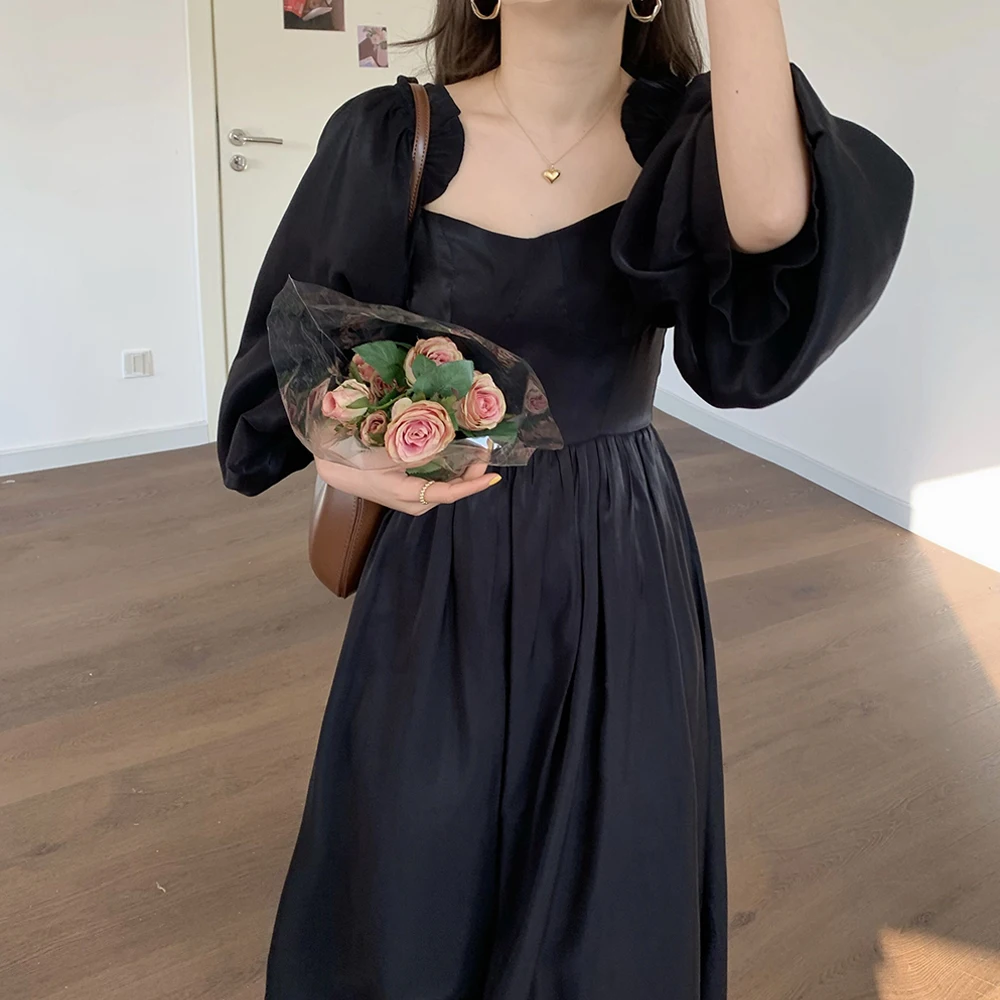 

French Style Vintage Full Sleeve Square Collar Women's Long Dress Elegant Minimalist Dresses Female 2021 Spring