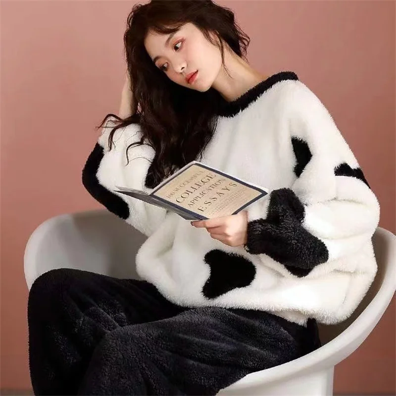 

Зимние пижамные комплекты, женская одежда для сна, теплая фланелевая Домашняя одежда с длинным рукавом, плотный Пижамный костюм, пуловер с к...