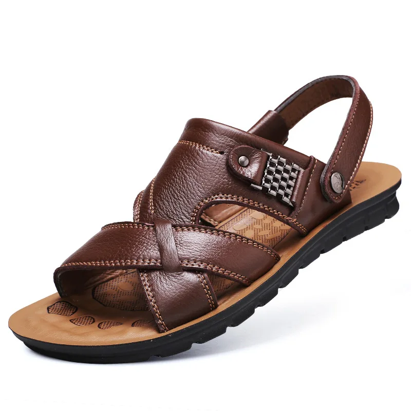 Shoes Genuine Leather Men's Sandals Top Layer Cowhide 2 Function 1 Price Open Toe Slip Fashion Casual Roman Beach Slippers