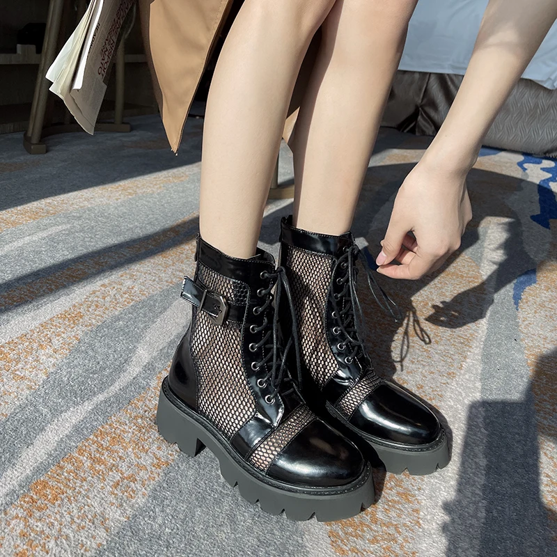 

Genuine Leather Breathable Mesh Shoes Fashion Ankle Boots Women New Elegant Shoes Spring Summer Boots Office Lady Short Boots