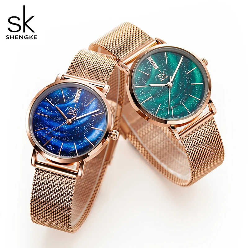 Shengke женские часы Звездный зеленый циферблат Reloj Mujer женские наручные часы ультра-тонкий ремешок из нержавеющей стали Кварцевые Montre Femme подарок