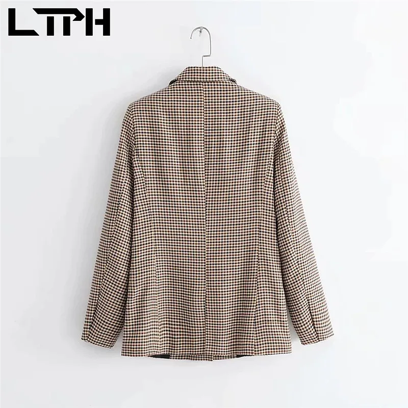 LTPH-Chaqueta a cuadros vintage para mujer, blazer elegante con doble botonadura, chaquetas informales, traje de manga larga, abrigo, primavera 2021
