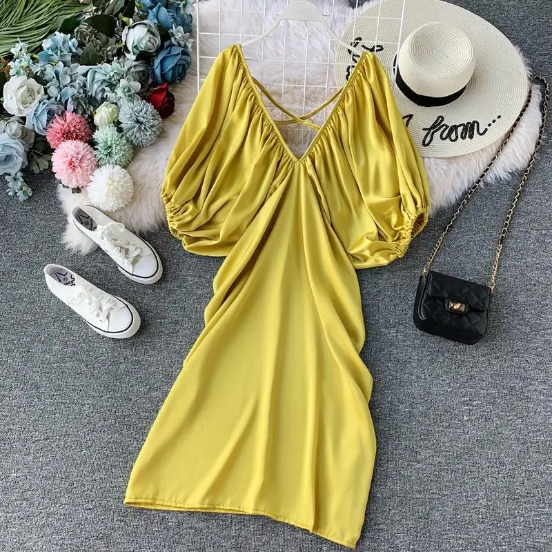 

2021 New Fashion Women's Solid Summer Dress Female Casual V-neck Short-Sleeved Dresses