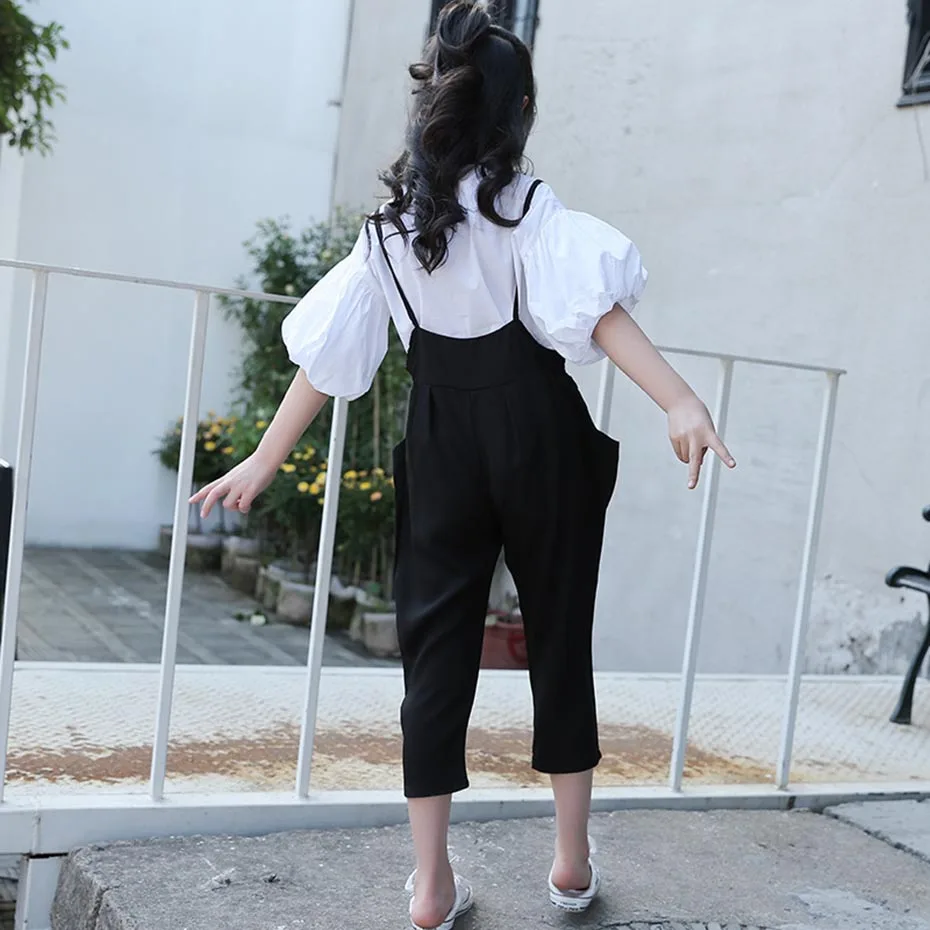 Весенняя одежда для девочек белая блузка + комбинезон комплект из 2 предметов