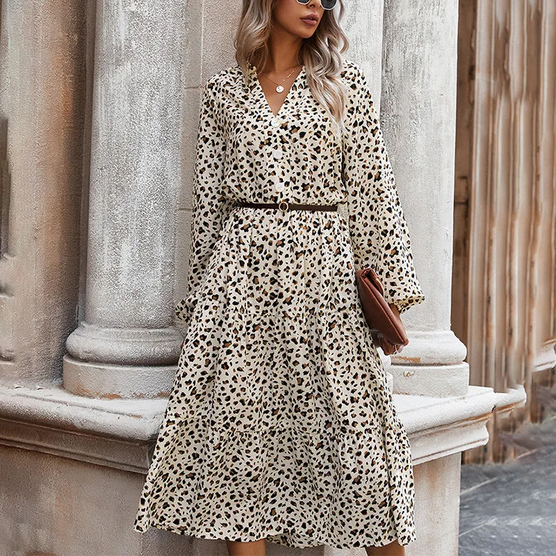 

Women V Midi Print Party Dress Neck Leopard Spring Vintage Dress Ladies Long Dress Fall Femme Button Vestido A-line Sleeve Sexy