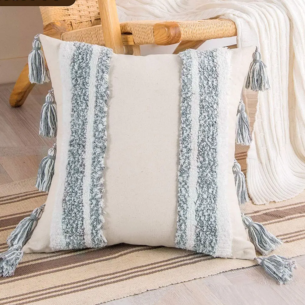 

Tufted Throw Cushion Covers Indian Embroidered Decorative Pillow Case with Tassels for Couch Sofa Bed Bedroom Nordic Home