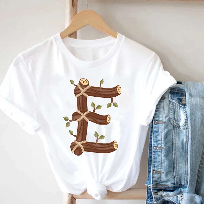 

Cute 2021 Summer T-Shirt Original Design Wooden 26 English Alphabet Printed Alt T-Shirts Wooden Graphic Women T-Shirts