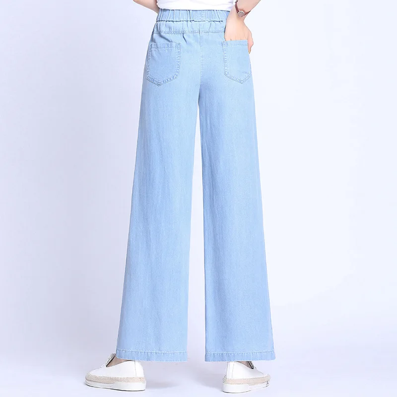Брюки женские джинсовые с широкими штанинами и завышенной талией свободные