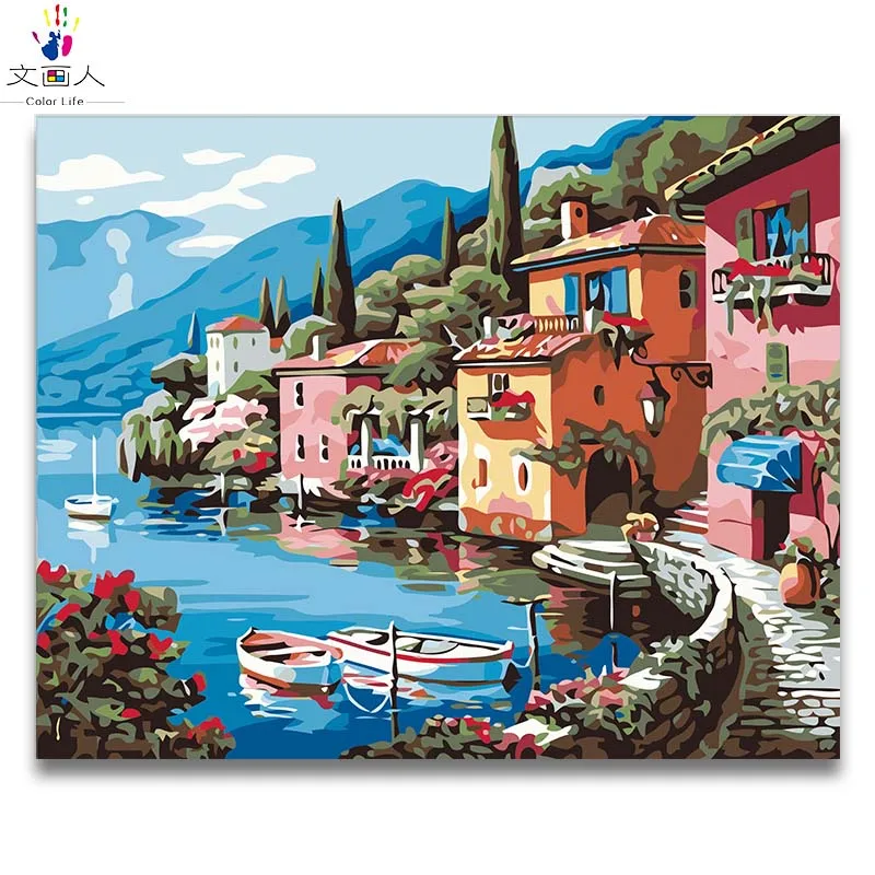 Небольшие города строительство морской пейзаж Картина diy живопись по номерам с