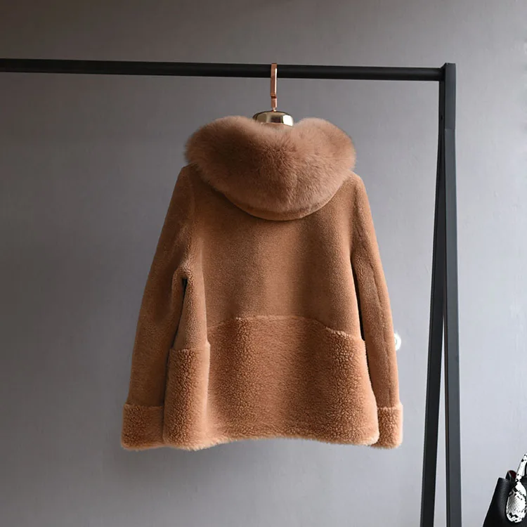 OFTBUY пальто с натуральным мехом, зимняя женская куртка, Воротник из натурального Лисьего меха, капюшон, шерсть, тканая верхняя одежда, плюшевый флис