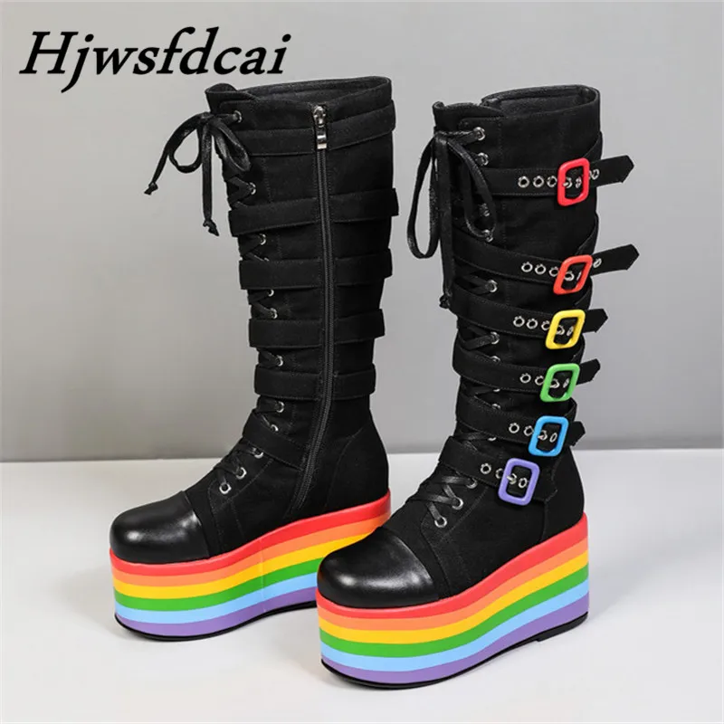 

Hjwsfdcai New Female Motorcycle Boots Flat Heel Round Toe Zip Super High Heel With Buckle Mid-Calf Women's platform boots