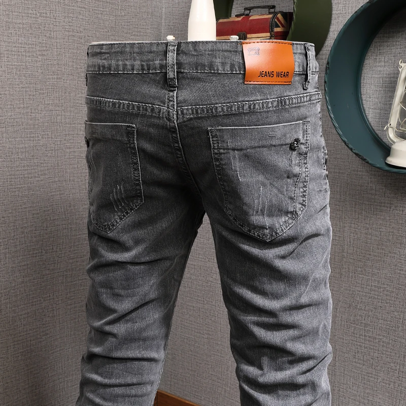Summer Thin Dark Gray Jeans Men Casual Slim Fit Pencil Pants Mens Streetwear Denim Trousers