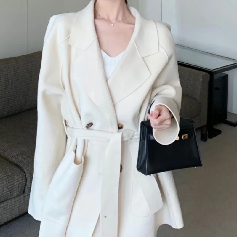 

2021 Ladies Office Jacket Medium And Long Lapel Long Sleeve Autumn NEW Loose Tweed Coat White Pocket Suit Feminine