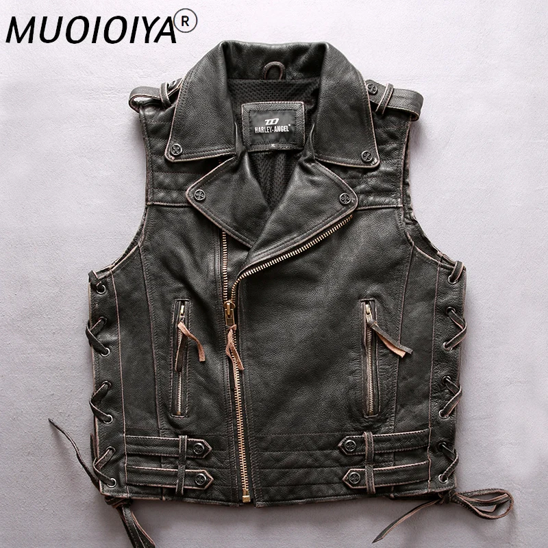 

Заводская коллекция 2021, Мужская винтажная серая куртка из натуральной кожи, жилет, модная Толстая приталенная мотоциклетная куртка из коро...