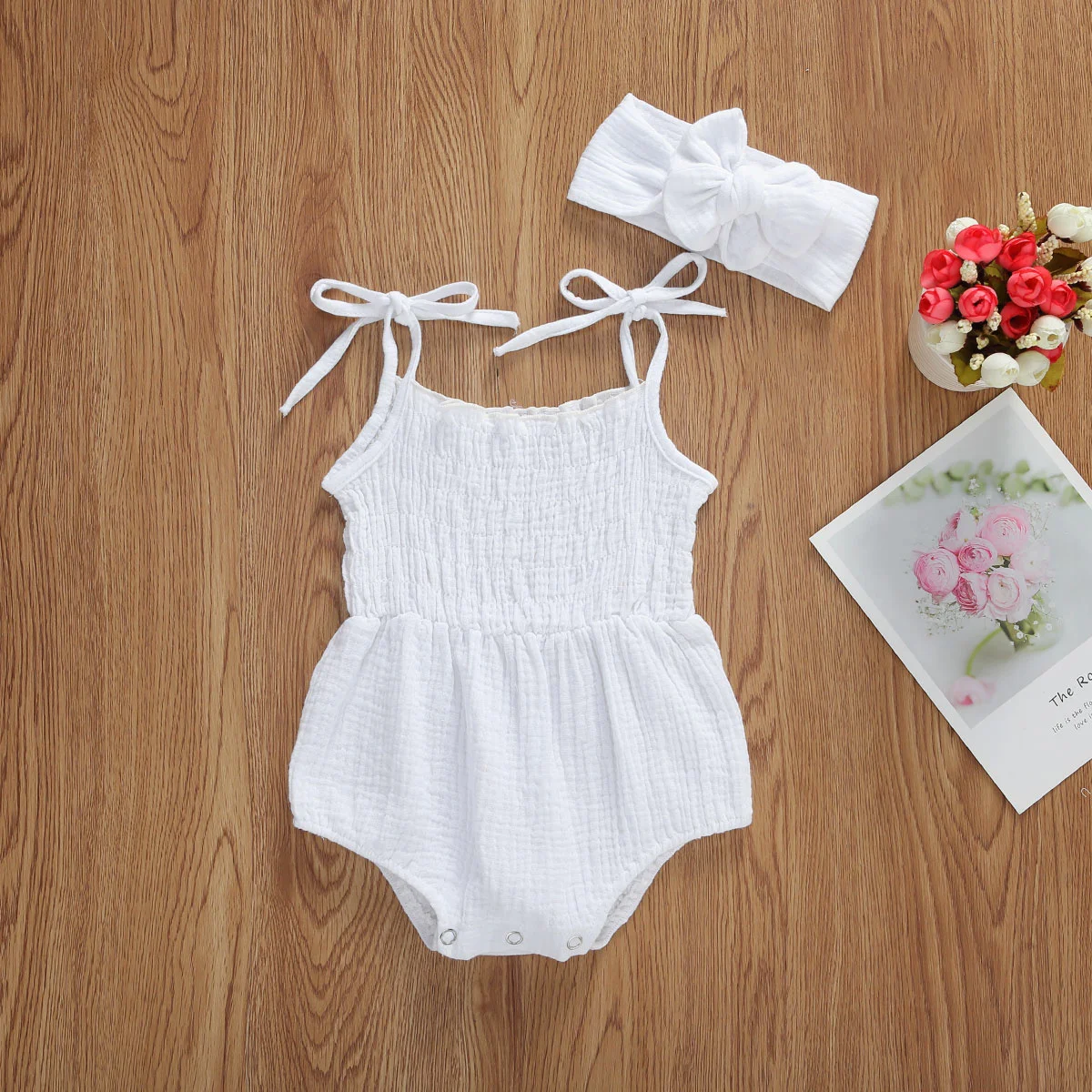

2021 summer solid baby newborn cotton girls flax sleeveless bodysuits belt + 2pcs beachwear clothes