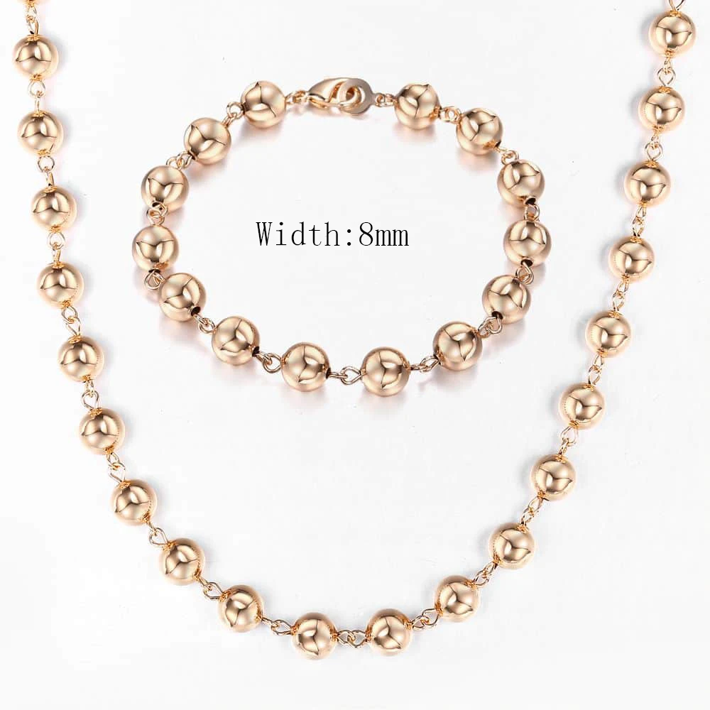 585 Rose Gold Color Necklace Bracelet for Women 2mm Marina Stick Bead Link Chain Jewelry Sets Wedding Party Jewelry Gifts LCS09 images - 6