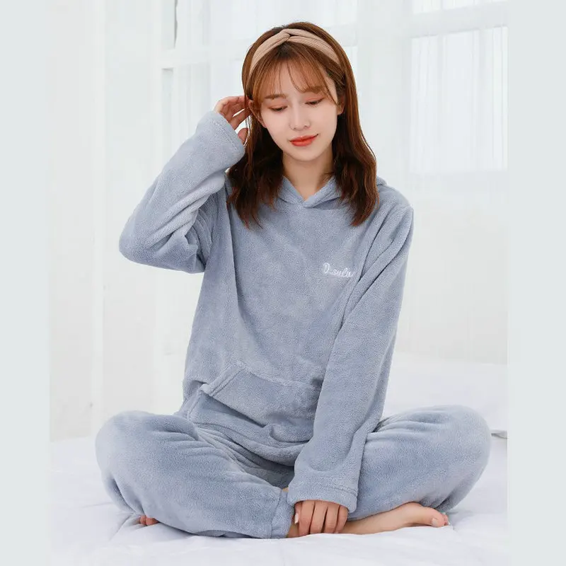 Grey blue Пижамы для женщин, женский пижамный комплект, короткий рукав и длинные брюки одного размера, одежда для сна, Трикотажный Хлопковый домашний костюм, комплект из 2 предметов - Цвет: Grey blue