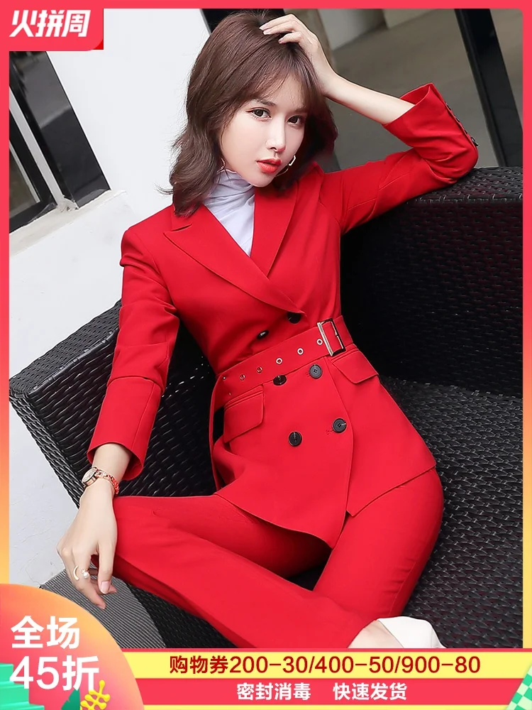 Red suit suit female work clothes female professional temperament fashion host formal suit lady suit president suit 2 piece set