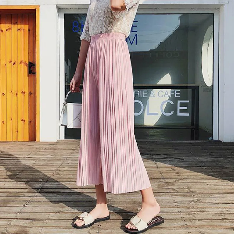 

New Women Chiffon Loose Pants High Waist Ruffled Hem Thin Pleated Trumpet Casual Trousers SCI88