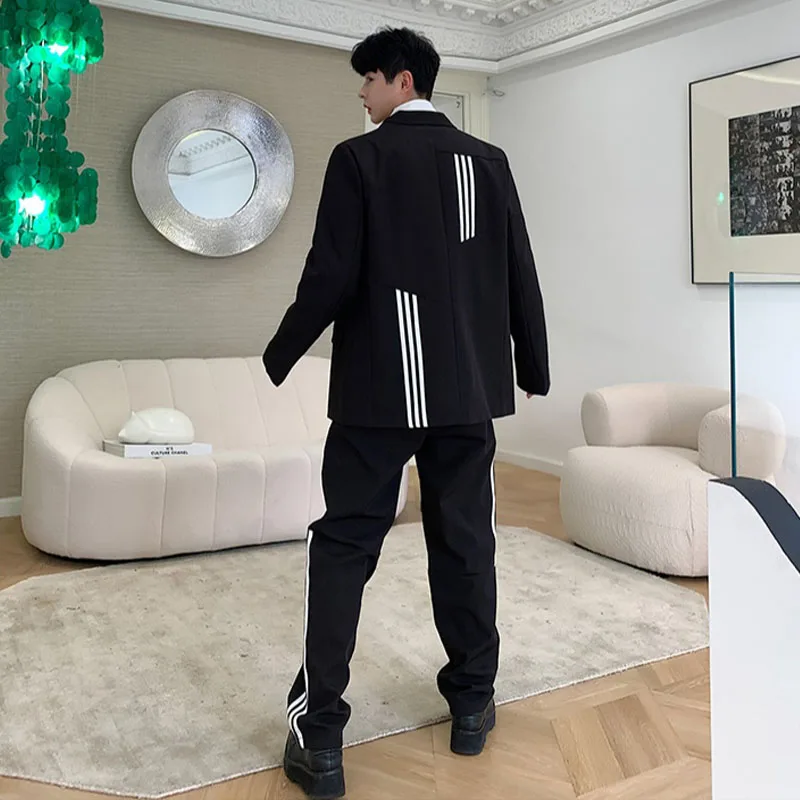 

Male Streetwear Suit Coat Outerwear Pant Men 2PCS Suits Sets Vintage College Style Casual Stripe Suit Jacket Trousers