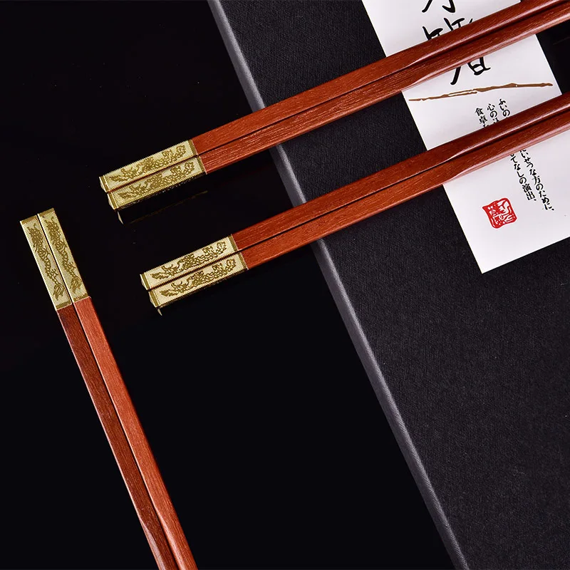 

Chopsticks set 5 pairs of gift box mahogany Chinese dragon and phoenix metal copper head red sandalwood gift wedding chopsticks