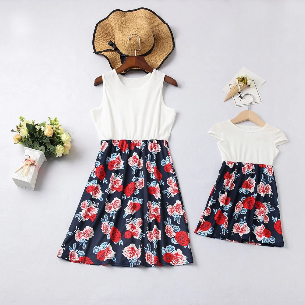 

Baywell Summer Family Matching Outfits Mother DaughterSleeveless Floral Printing Dress Splicing Mom Baby Girl Clothes